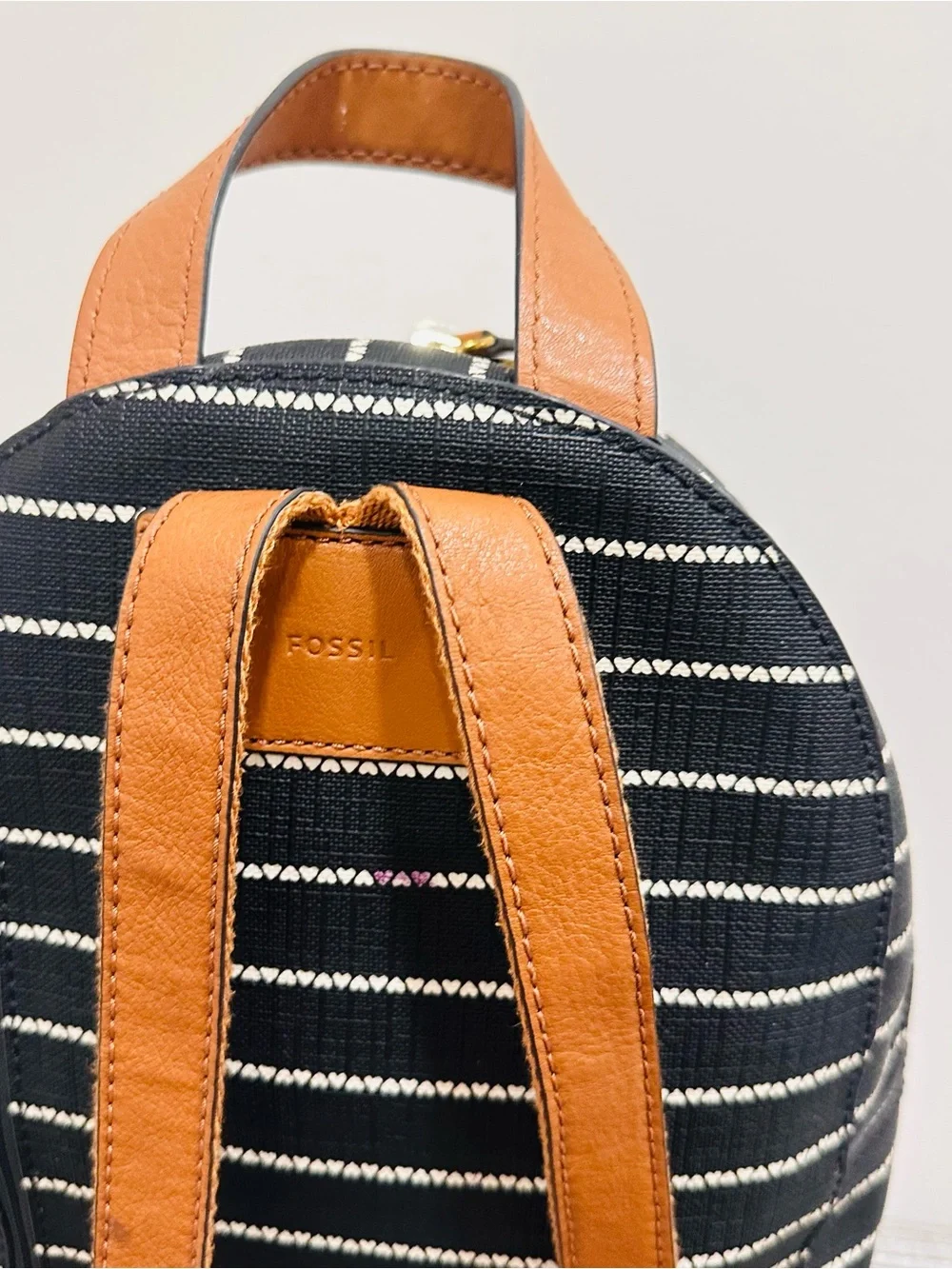 Fossil Megan Mini Backpack Black Striped Canvas Tan Leather Trim
